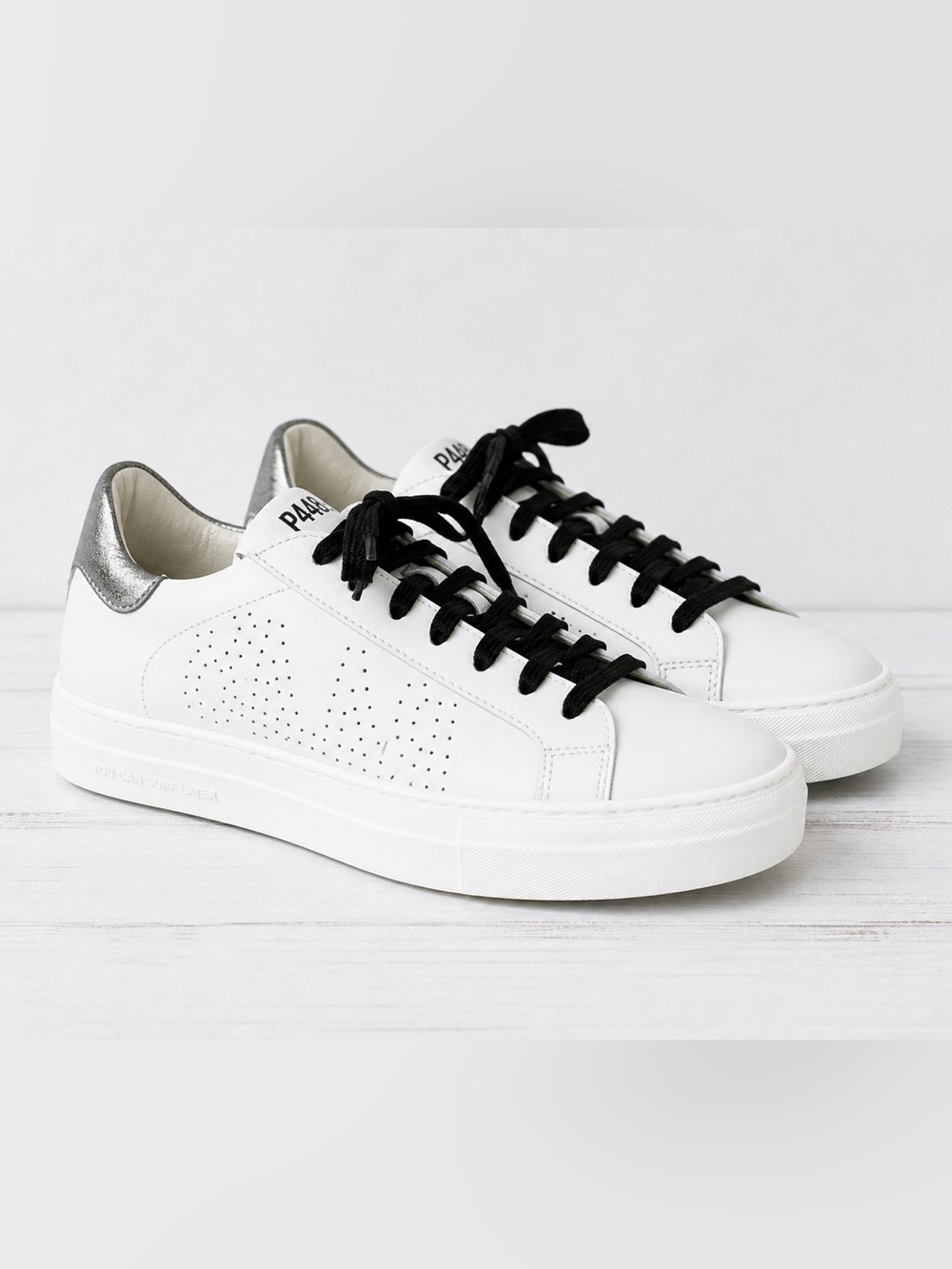 P448 NEW White Leather Platform Sneakers Silver Heel Black Laces Size 37/US 7